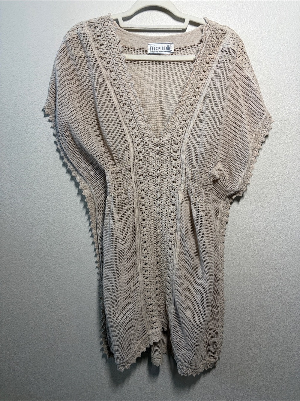 Crochet V-Neck Swim Coverup in Beige by Seaspice